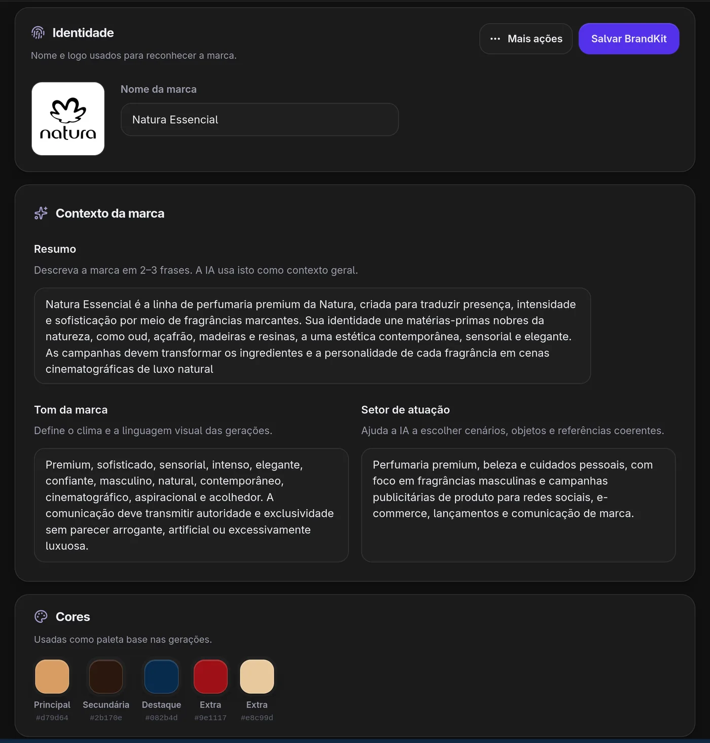Página de Brand Kit da UNTD preenchida com a marca Natura Essencial, mostrando identidade, contexto e cores da marca